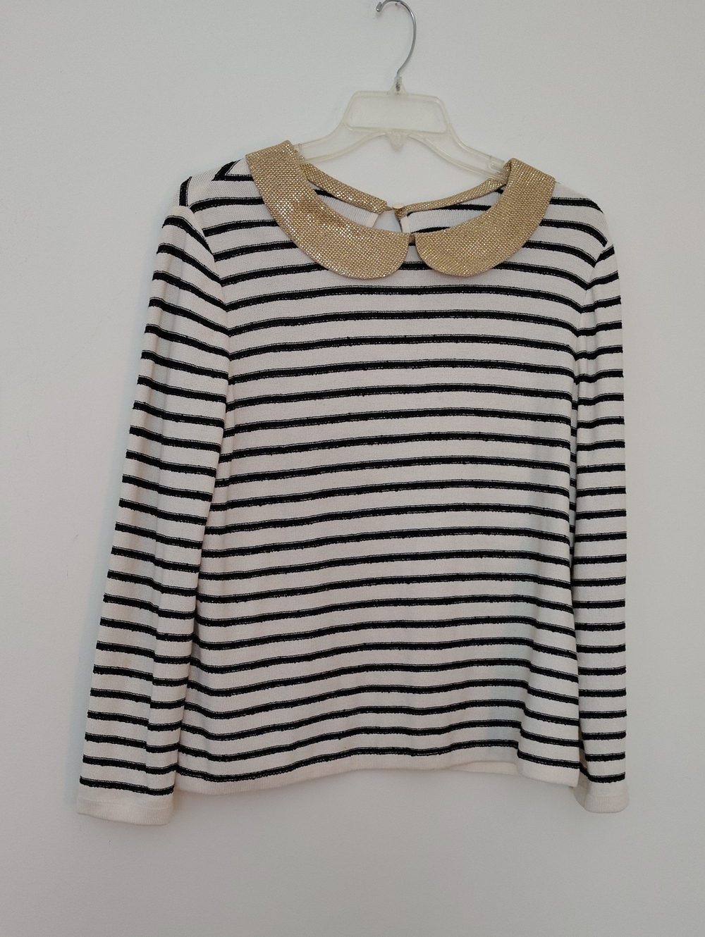 St. John Black and White Striped Knit Sweater with Gold Collar Size XL